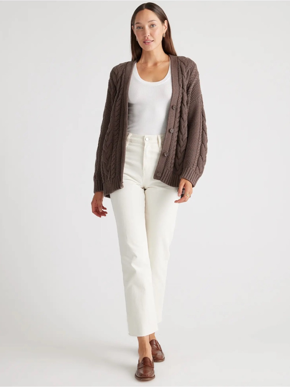 Quince 100% Organic Cotton Oversized Cable Knit Cardigan Heather Brown Large - Picture 10 of 16